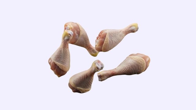 A set of raw chicken drumsticks floating in mid-air against a clean white background. Perfect for culinary concepts, cooking tutorials, food industry commercials, butcher shop marketing, and recipe vi