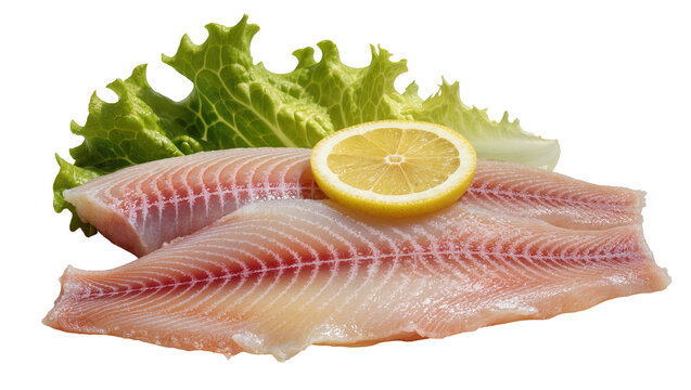 Isolated raw fish fillets with fresh green lettuce and a vibrant lemon slice, ready for cooking