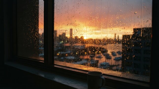 Rainy city view through a wet window with water droplets