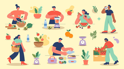 Fototapeta premium People are shopping and preparing food in a vibrant market scene with various fruits and vegetables on display