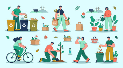 Fototapeta premium People engaging in eco-friendly activities like recycling and planting trees in urban settings with various objects.