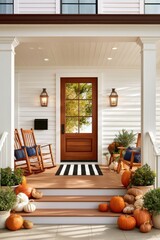 Obraz premium Welcoming fall decorated porch with wooden door, pumpkins and rocking chairs at home entrance