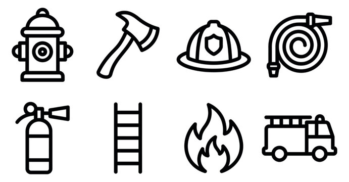 Set of black line icons for firefighting equipment including tools and emergency fire service vehicles Minimal stroke icon set bundle collection. Editable Vector Illustration Mega pack