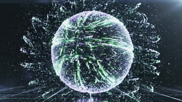 Cinematic dark abstract showcasing a glowing basketball formed by pulsating neon green and purple digital data streams &ndash; perfect for sports broadcasting and tech streaming visuals.