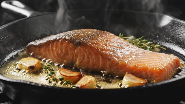 Cinematic tracking shot of fresh salmon fillet searing in a hot cast iron skillet, sizzling with butter and crushed garlic, revealing highly tactile texture under dark, moody commercial lighting.