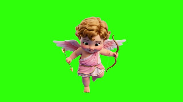 A charming 3D cartoon baby Cupid angel with pink wings holding a bow and golden arrow floating against a solid green screen backdrop. Ideal for Valentine's Day promos, romantic comedy intros, love-the