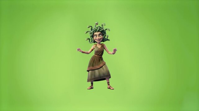 A playful 3D rendered cartoon illustration of a young Medusa character with green snake hair and a simple Greek tunic, captured in a joyful dancing pose against a solid green chroma key background. Id