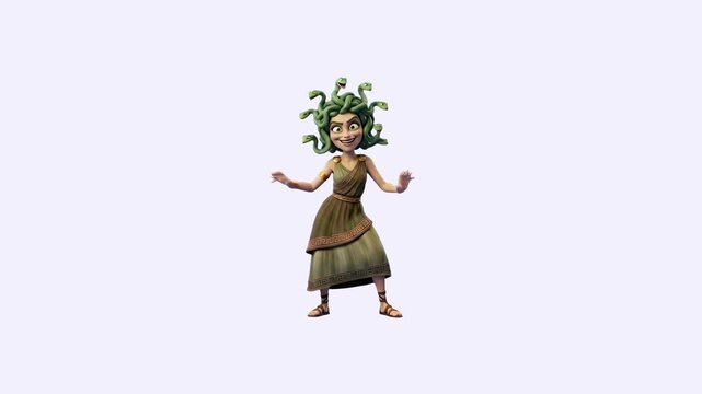 A fun 3D animation of the mythical gorgon Medusa with green snake hair dancing happily against an isolated white background. This clean, minimalist loop is perfect for easy overlaying, blending, and c