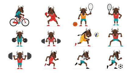 Fototapeta premium Set of Bull Mascot Characters Engaging in Various Sports and Fitness Activities