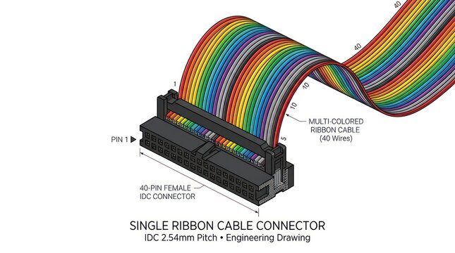 A single ribbon cable connector a 40 pin female idc connector with multi colored wires.