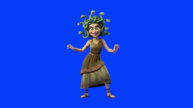 A stylized 3D animation of the mythical gorgon Medusa with green snake hair dancing dynamically against a vibrant blue studio backdrop. This loopable character asset brings a humorous, modern twist to