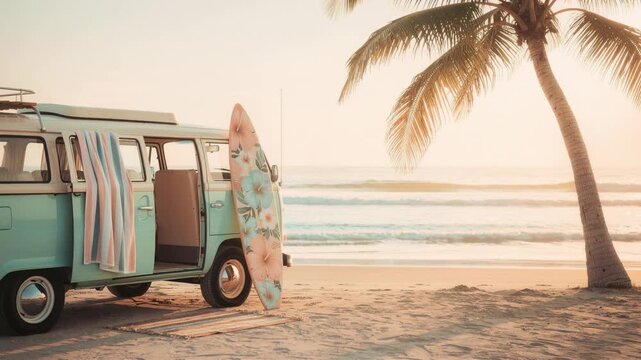 Turquoise van parked on a sunny beach with floral surfboard and striped towel summer vibes