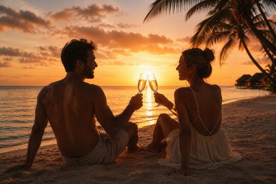 Luxuri&ouml;ser Jahreswechsel am Maledivenstrand &ndash; Verliebtes Paar st&ouml;&szlig;t mit Champagner vor Overwater-Bungalows und goldenem Sonnenuntergang auf das neue Jahr an.