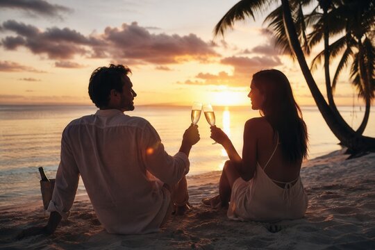 Romantisches Silvester auf den Malediven &ndash; Paar st&ouml;&szlig;t bei Sonnenuntergang am Strand mit Champagner an, umgeben von Palmen, Meer und luxuri&ouml;ser Tropenstimmung.