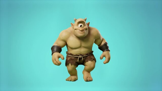 A detailed 3D render of a muscular, one-eyed cyclops cartoon character wearing a simple loincloth and leather wrist cuffs, standing in a powerful stance isolated against a solid teal or light blue bac