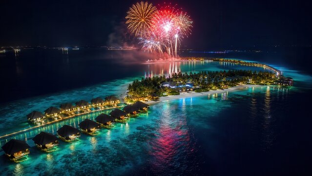 Spektakul&auml;res Silvester auf den Malediven &ndash; Luftaufnahme einer tropischen Resortinsel mit Overwater-Villen, Feuerwerk und leuchtendem t&uuml;rkisblauem Wasser bei Nacht.