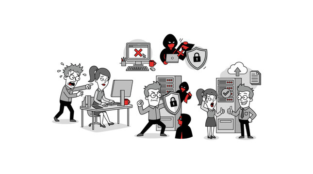 Cyber security protection concept showing it team defending servers against hacker attacks.