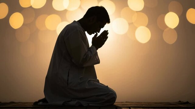 Man in traditional clothing kneeling in serene prayer with glowing bokeh lights peaceful spiritual moment