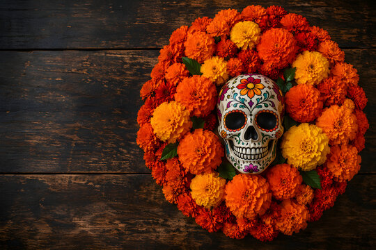 Day of the Dead Dia de Muertos November 2 Flat Lay with Sugar Skull Marigold Orange Flowers Festive Copy Space