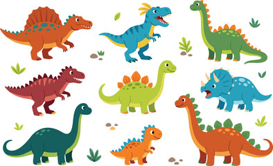 Cute colorful dinosaur vector illustration cartoon character collection set featuring various prehistoric species like tyrannosaurus rex triceratops stegosaurus and brachiosaurus © MdSaddam