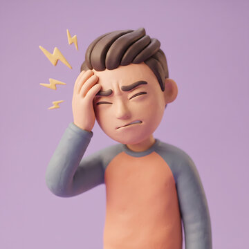 3D cartoon illustration of a young man holding his head in pain with lightning bolt symbols representing a severe headache or migraine
