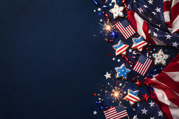 Fourth of July Independence Day USA Flat Lay with American Flag Stars Stripes Patriotic Red White Blue Copy Space