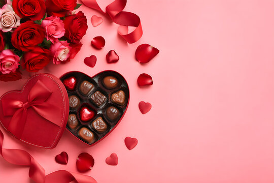 Valentines Day February 14 Flat Lay with Chocolate Heart Box Roses Pink Background Love Romance Copy Space