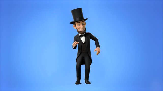 A playful 3D animation of President Abraham Lincoln in his classic top hat dancing cheerfully against a solid blue background. This high-quality character loop brings a fun, energetic twist to marketi