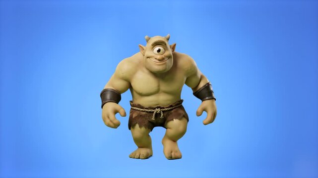 A stylized 3D animation of a muscular mythical cyclops creature with one eye dancing happily against a clean light blue background. This playful monster loop is designed for fantasy-themed games, chil