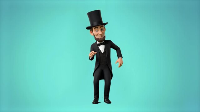 A humorous 3D animated caricature of President Abraham Lincoln wearing his classic top hat and black suit while dancing joyfully against a solid turquoise studio background. This loopable character cl