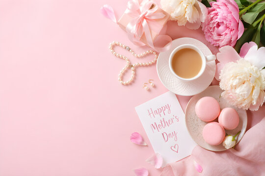 Mothers Day May Gift Flat Lay with Pink Coffee Macarons Flowers Card Feminine Pastel Background Copy Space