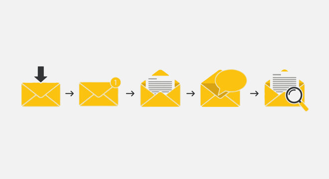 Yellow envelope icons illustrating a digital email communication workflow