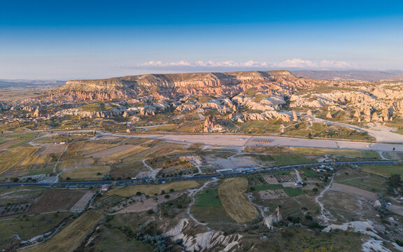 Aerial View of Uchisar Castle and Goreme Landscape in Cappadocia Nevsehir Turkey with Fairy Chimneys and Volcanic Rock Formations