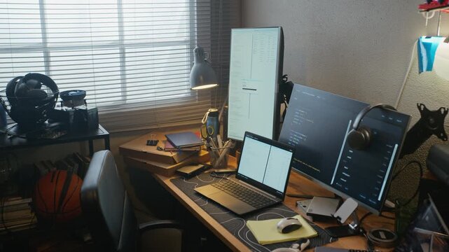 Computer screens displaying software development code and loading progress bar on messy desk. Footage is perfect for technology startups, coding bootcamps, and remote work marketing, zoom out