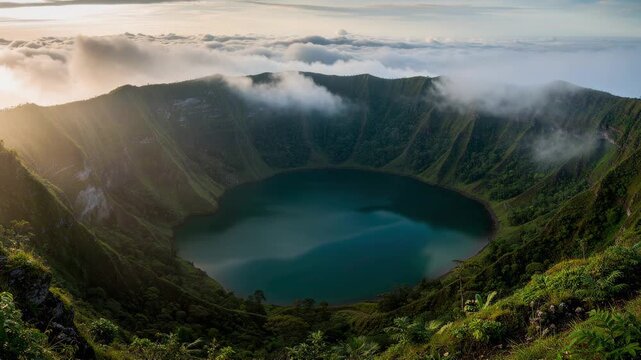 Serene volcanic crater lake shrouded in mist surrounded by lush green cliffs and peaceful natural landscape