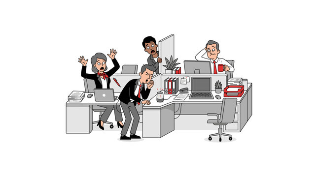 Team of office workers reacting with panic and confusion to malfunctioning smart tech device.