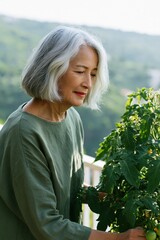 Fototapeta premium Mature woman gardening on a balcony with tomato plants in green shirt for home gardening background and wellness banner design