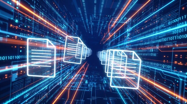 Futuristic data management interface with glowing document icons floating along a high speed digital circuit board pathway
