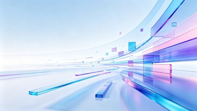 Futuristic blue purple glass data pathway with transparent digital technology layers, idea for AI network connection, software innovation, and modern abstract background design