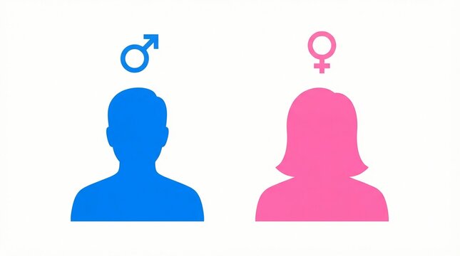 Simple flat vector icons depicting a blue male silhouette and a pink female silhouette representing gender differences with clear minimalist symbols on a white background