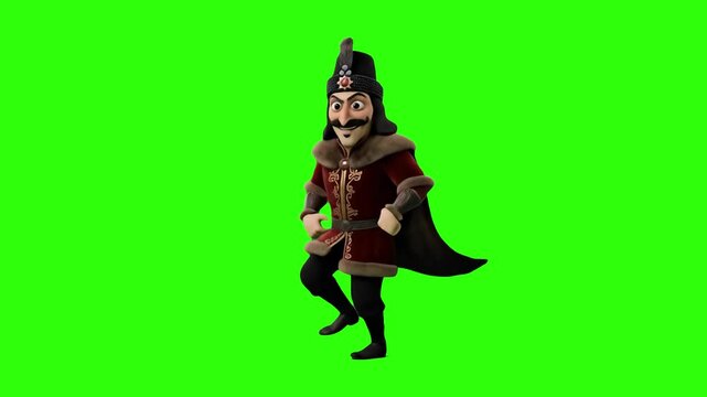 A 3D cartoon Vlad the Impaler or Count Dracula character wearing a fur-trimmed tunic and cape dancing rhythmically, isolated on a solid green chroma key background. Excellent for Halloween commercials