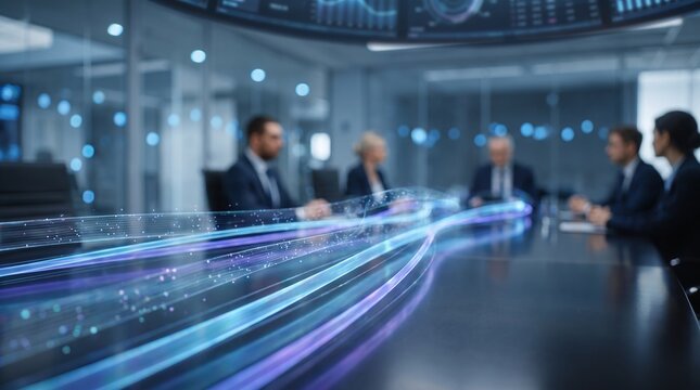 Corporate business team in office boardroom viewing holographic data visualization of fiber optic network flow during professional strategy meeting