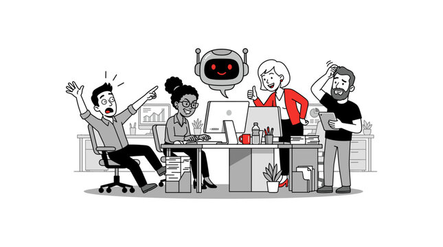 Diverse office team excited about new technology and AI robot assistant.