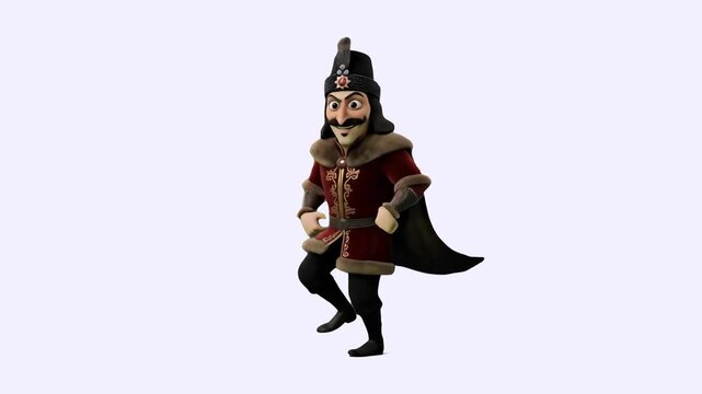 3D animated Vlad the Impaler or Dracula character in traditional dark royal robes and hat dancing joyfully over a white background. Ideal for Halloween promos, historical comedy animations, vampire st