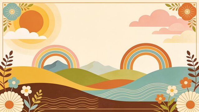 Retro landscape illustration featuring rolling hills warm sun rainbows clouds and flowers. Ideal for home decor posters notebook covers aesthetic wall art and retro lifestyle branding.