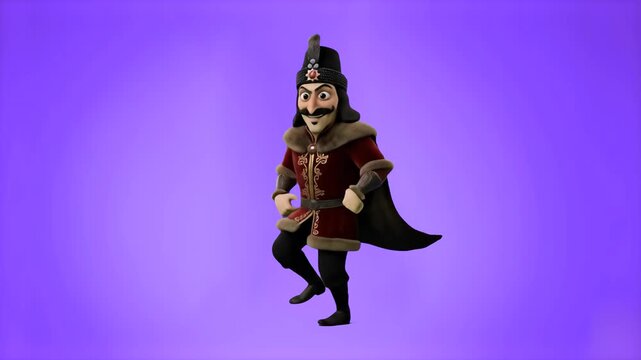 3D animated Vlad the Impaler or Dracula character wearing dark royal robes doing a dance move over a vibrant purple studio background. Great for Halloween marketing, gothic comedy videos, vampire them