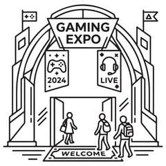 Obraz premium Line Art Illustration of Gaming Expo Entrance with People and Icons