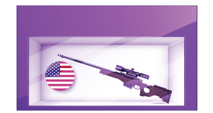 A CheyTac M200 sniper rifle displayed inside a purple showcase with an American flag icon.