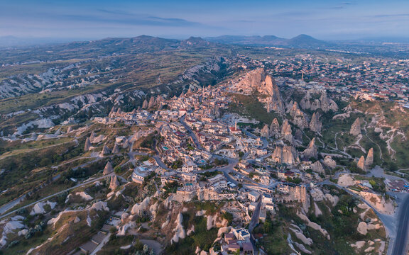 Aerial View of Uchisar Castle and Goreme Landscape in Cappadocia Nevsehir Turkey with Fairy Chimneys and Volcanic Rock Formations