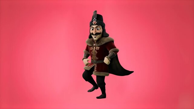 A humorous 3D animated caricature of Vlad the Impaler or Count Dracula dancing playfully against a solid pink studio background. This loopable character asset is ideal for Halloween campaigns, histori